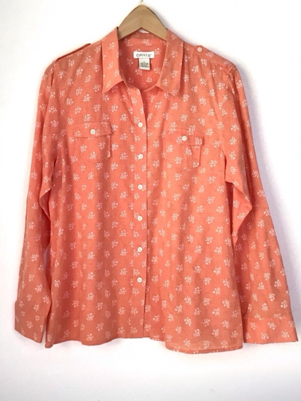 Orvis Button Up Floral Shirt Blouse Size L Long Sleeves Pockets 100% Cotton